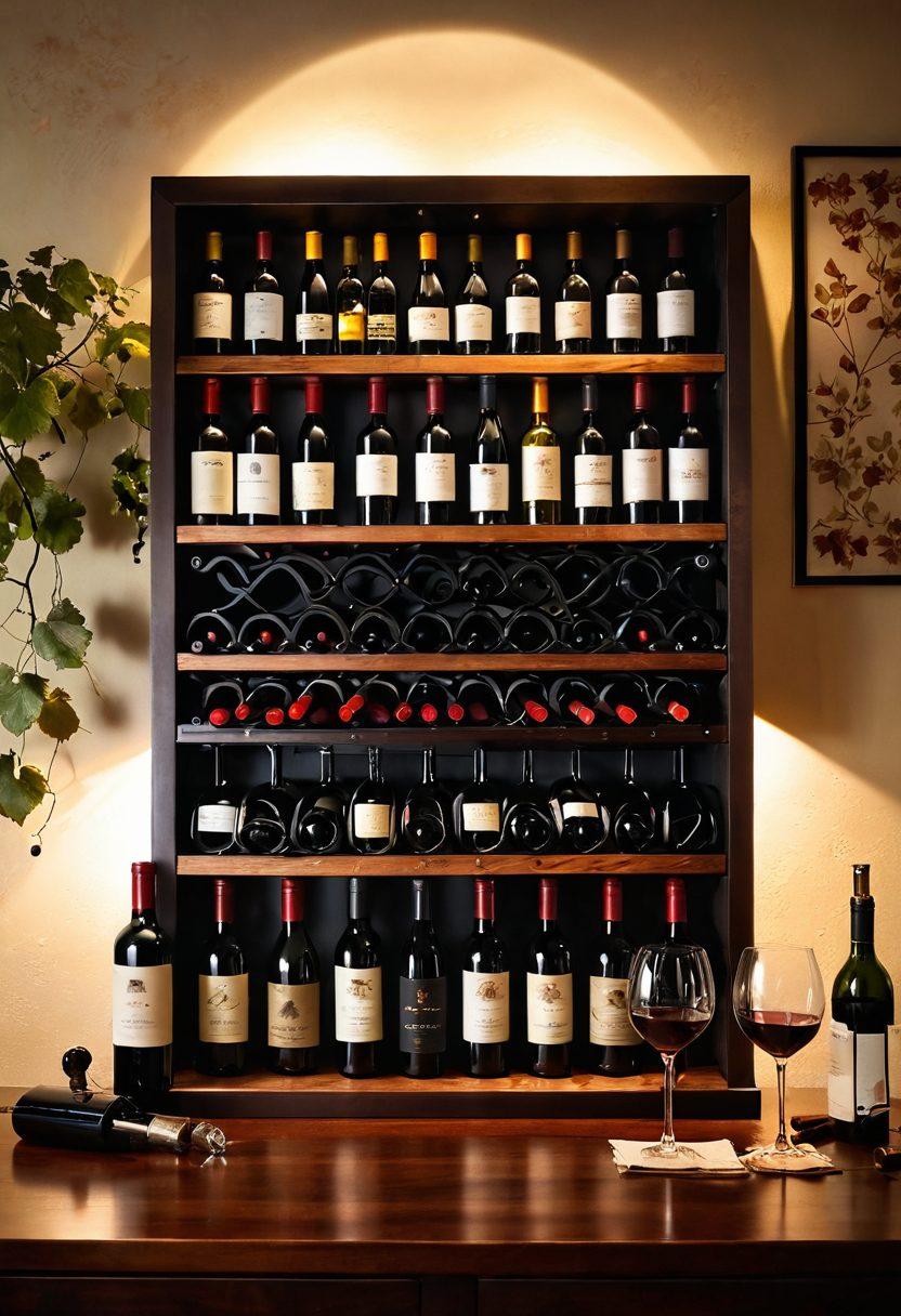 An elegant wooden wine rack displaying a curated collection of various wine bottles, surrounded by essential wine tools like a corkscrew, decanter, and wine glasses. Soft, warm lighting enhances the luxurious feel, with hints of lush grapevines in the background. A tasteful wooden table sets the scene, inviting wine enthusiasts to explore their passion. super-realistic. warm colors. soft focus.