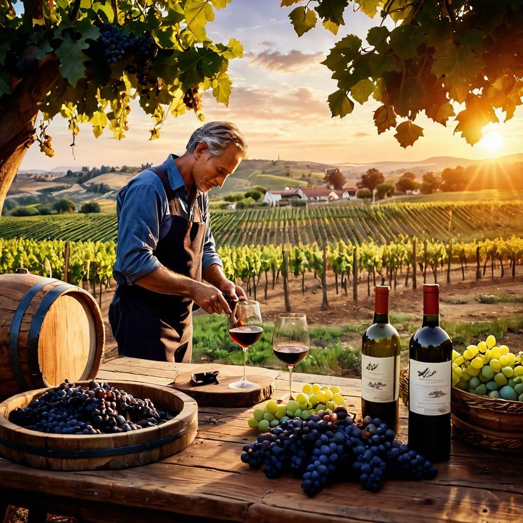 A picturesque vineyard landscape during sunset, showcasing rows of grapevines laden with ripe grapes, an artisan winemaker examining barrels in a rustic winery, and various wine bottles elegantly arranged on a wooden table. The atmosphere should exude warmth and passion for wine craftsmanship, with artisanal wine labels visible. soft focus. vibrant colors. super-realistic.