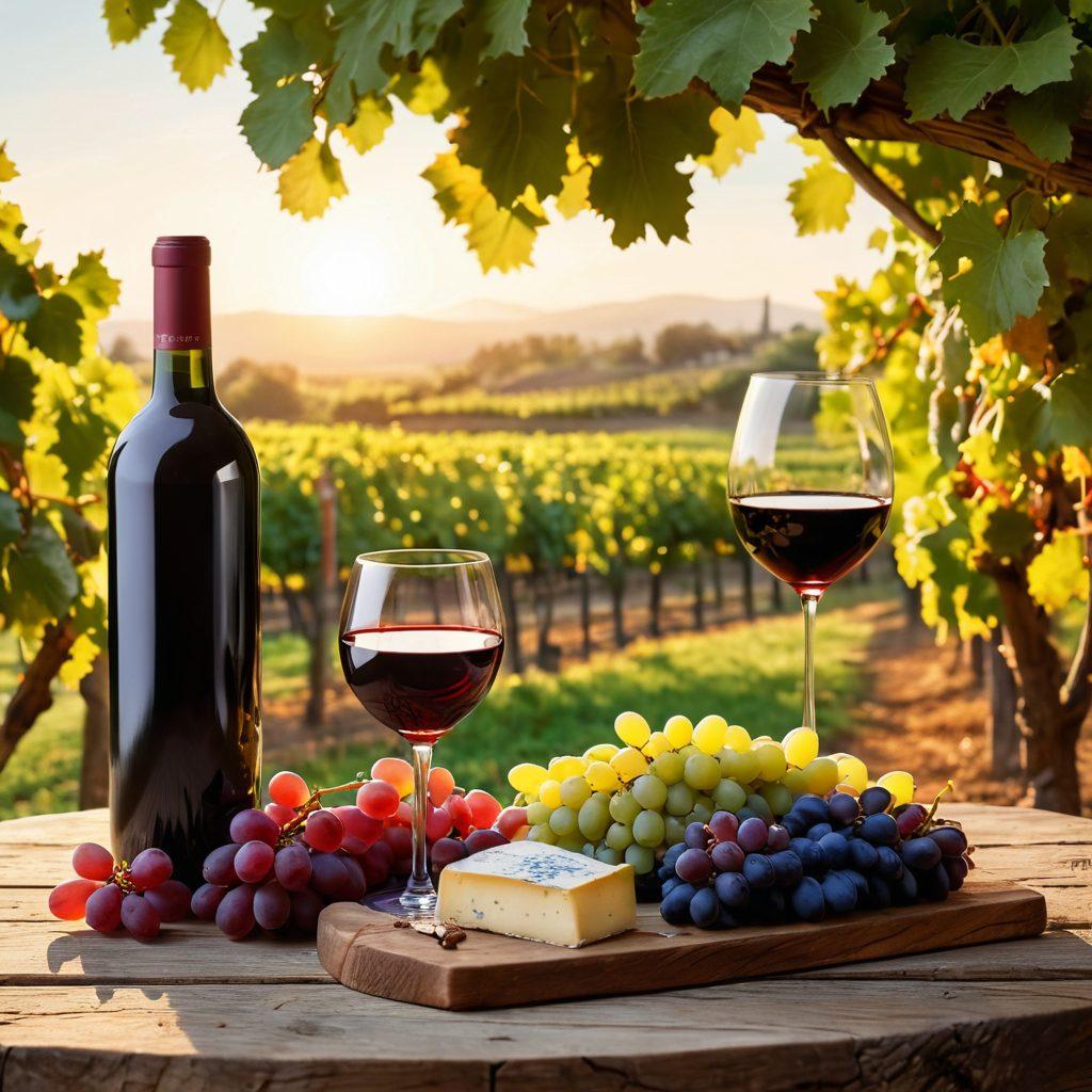 A picturesque vineyard during golden hour, showcasing lush grapevines and clusters of grapes ready for harvest. In the foreground, a glass of rich red wine sits on a rustic wooden table, with a cheese platter and fresh fruits beside it. Delicate sunlight filters through the leaves, illuminating the scene with warm hues, emphasizing the blend of nature and artistry in wine-making. super-realistic. vibrant colors. 3D.